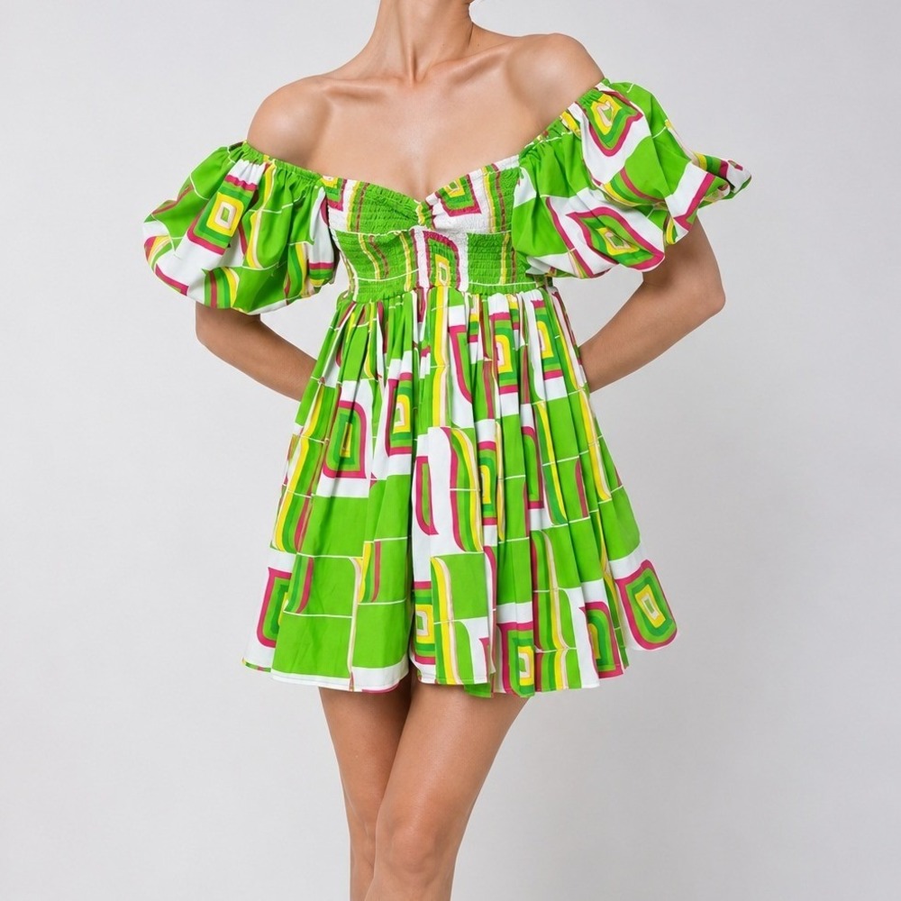 S/W/F Puff Sleeve Babydoll Geometric Ruched Mini Dress Green Chartreuse Small